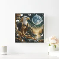 Majestic Eagle Perched by Moonlit River Square Wall Clock