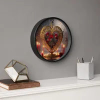 Victorian golden heart with red roses, vintage clock