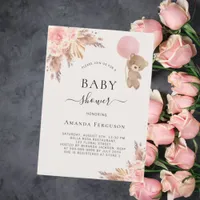 Teddy bear pink pampas grass girl baby shower invitation