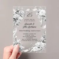 25th wedding anniversary silver florals clear acrylic invitations