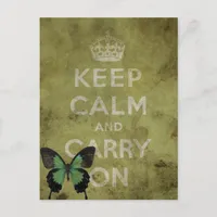 Keep Calm and Carry On Green Grunge With Butterfly Postcard