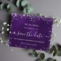 Birthday purple silver glitter save date card