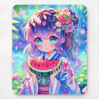 Cute Anime Girl Eating Watermelon on a Summer Day Mouse Pad