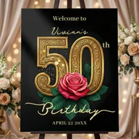 Black Gold Red Rose 50th Birthday Party Welcome Foam Board