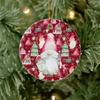 Christmas Santa Gnome & Red Pattern Name & Date Ceramic Ornament