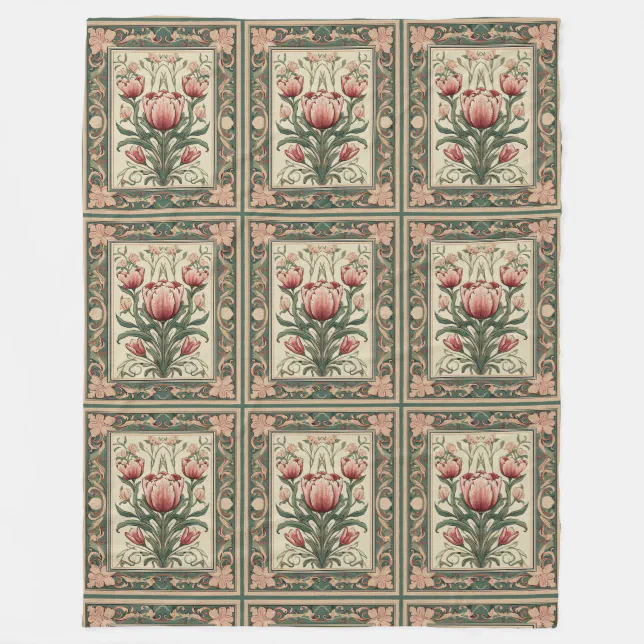 Flowers and emerald green Leaves Fleece Blanket