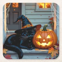 Black Cat Napping on Pumpkin Halloween  Square Paper Coaster
