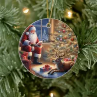 After work - Santa Claus and his reindeer Ceramic Ornament