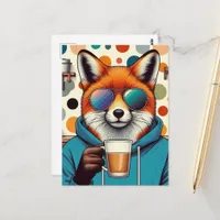 Red Fox in Sunglasses With a Coffee Postcard