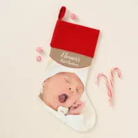 Baby First Christmas Name Photo White Typography Christmas Stocking