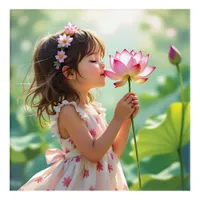 Pretty Little Girl Smelling a Pink Rose Acrylic Print