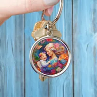 Mother with Baby Girl Colorful Painting Keychain