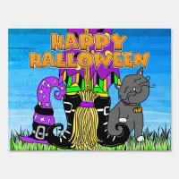 Happy Halloween Witch, broom and Cat Sign