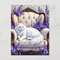 Gorgeous White Cat and Purple Flowers Postcard