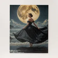 Ocean Dance Under the Moon Woman in Black Dress Jigsaw Puzzle