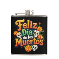 Colorful Day of the Dead Candy Skulls Marigolds Flask