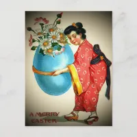 Vintage Japanese Lady, Egg Vase with Flowers, ZSSG Holiday Postcard