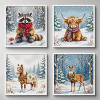 Cute Whimsical Festive Animals Christmas Peel And Stick Photo Tile