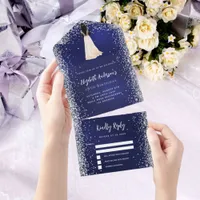 Navy blue silver dress glitter birthday rsvp all in one invitation