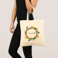 Wild Blossoms wreath monogram tote bag