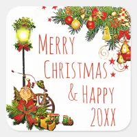 Merry Christmas Street Light and Pine Wreath Square Sticker