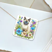 Ai Watercolor Siamese Cat in Flowers Square Sticker