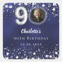 90th birthday navy blue silver stars photo square sticker