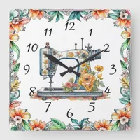 Pretty Floral Vintage Sewing Machine and Flowers Square Wall Clock