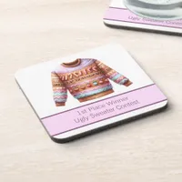 1st Place Winner Ugly Sweater Contest Pink Purple Beverage Coaster