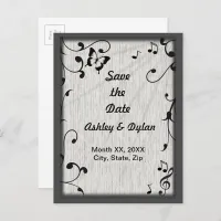 Music Butterfly Leaves Gray & Black Wood Wedding Announcement Postcard