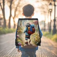 Cute mouse boy on his way to school,personalized  drawstring bag