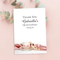 Pink Floral Tea Cup Pearls Quinceanera Thank You