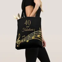 40 and fabulous black gold music notes tote bag