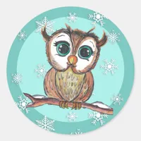 Cute Watercolor Owl with Snowflakes Teal Classic Round Sticker