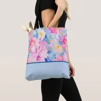 Pink, Blue Abstract Watercolor Flowers Color Block Tote Bag