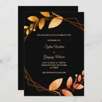 Boho autumn botanical gold frame wedding invitation