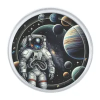 Vintage Astronaut and Planets Silver Finish Lapel Pin