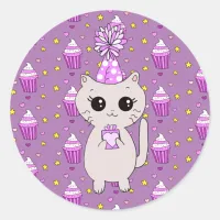 Cute Little Birthday Cat Purple Classic Round Sticker