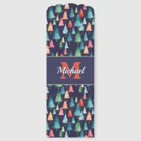Christmas Trees Festive Dark Blue Custom Monogram Bookmarks