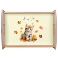 Cute Orange Tabby Kitten in Fall Leaves Serving Tray