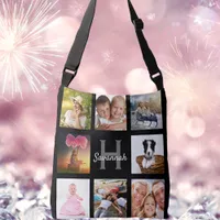 Black custom photo collage monogram name crossbody bag