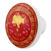 Chinese Zodiac Ox Red/Gold ID542 Ceramic Knob