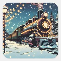 Old-fashioned Vintage Train on a Christmas Night Square Sticker