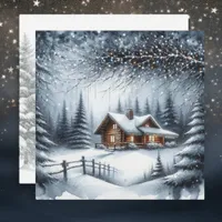 Festive Log Cabin in the Winter Woods Christmas Holiday Card