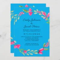 Pink Floral Greenery Sky Blue Elegant Wedding Announcement