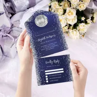 Navy blue silver disco ball glitter birthday rsvp all in one invitation