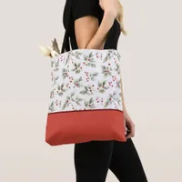 Pretty Watercolor Holly and Berries Color Block Tote Bag