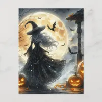 A Halloween Witch with Bats Full Moon Postcard