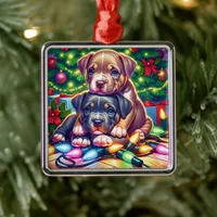 Two Cute Puppies Playing under the Christmas Tree Metal Ornament