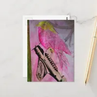 Pink Bird and Vintage Plane Mixed Media Collage Postcard